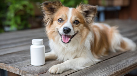 Joyful dog sitting on table beside white pill bottle, showcasing pet wellness and happiness in a serene outdoor setting with greenery in backgroundの素材