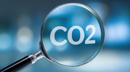 Close-up of Magnifying Glass Focusing on CO2 Chemical Formula with Blurred Background and Concept of Carbon Dioxide and Environmental Awarenessの素材