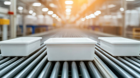 White Plastic Containers On Conveyor Belt Inside Modern Industrial Warehouse In Bright Light With Shallow Depth Of Field Focused On Center Containerの素材