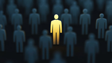 Unique Individual Standing Out Among a Crowd of Silhouetted Figures Representing Diversity, Leadership, Confidence, and Individuality in a Modern Conceptual Settingの素材