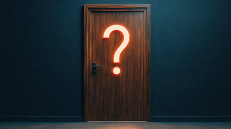 Mysterious wooden door with glowing question mark symbolizing uncertainty, curiosity, and the unknown awaits behind it in a dark room settingの素材