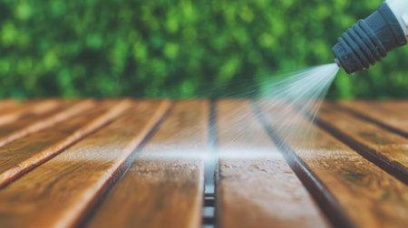 Close-up of Garden Watering with Hose on Wooden Planks, Focusing on Water Spray and Lush Green Background in Outdoor Environmentの素材