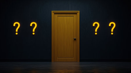 Mysterious Door with Question Marks in a Dark Room Evoking Intrigue and Curiosity About What Lies Beyond the Entranceの素材