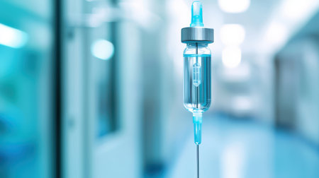 Clear medical IV drip standing in blurred hospital environment with bright lights and clean blue floor, representing healthcare and patient treatmentの素材