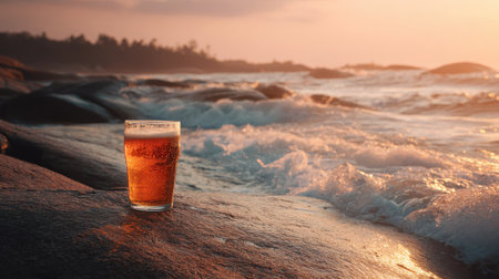 Glass of refreshing drink placed on rocky beach shoreline during sunset with gentle waves lapping against the shore under soft evening lightの素材