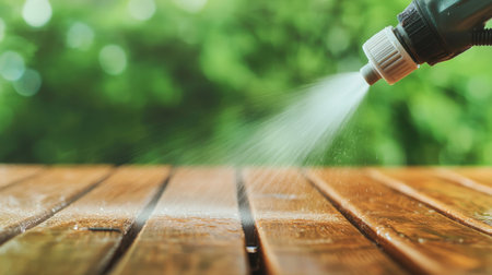 Close-Up of Water Spraying from Hose Nozzle onto Wooden Surface in Lush Green Garden Setting for Outdoor Maintenance and Gardening Aestheticsの素材