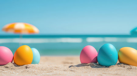 Colorful Easter eggs resting on sandy beach with ocean waves and bright umbrella in background during sunny day in coastal paradiseの素材