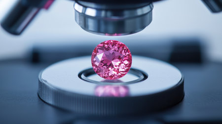 Close-Up View of a Brilliant Pink Gemstone Under a Microscope Lens Highlighting Intricate Details and Reflections for Gemology Analysisの素材
