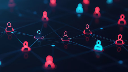 Abstract digital network connection illustration depicting connections among social media users in vibrant neon colors on a dark backgroundの素材