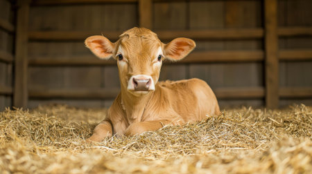 Cute Calf Resting on Straw in Rustic Barn with Wooden Wall and Natural Lighting Ideal for Farm and Agriculture Illustrations and Marketingの素材