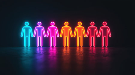 Neon outline figures of people holding hands in a row with colorful glowing lights against a dark background symbolizing unity and connection among individuals.の素材