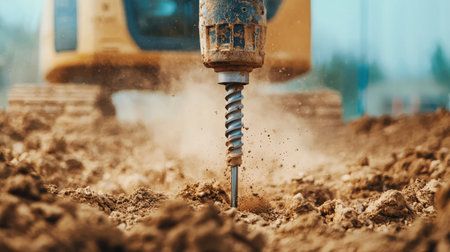 Close-Up of a Drilling Machine Breaking Ground in a Construction Site with Dust Clouds Rising in Bright Sunny Weatherの素材
