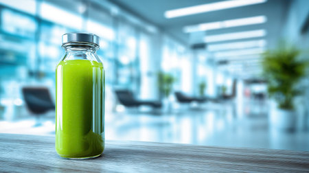 Fresh Green Juice in Glass Bottle on Wooden Table with Modern Interior Background Featuring Soft Lighting and Comfortable Seating Areaの素材