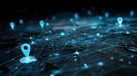 High-Technology Digital Map with Geolocation Pins and Network Connections Representing Smart Navigation Systemsの素材