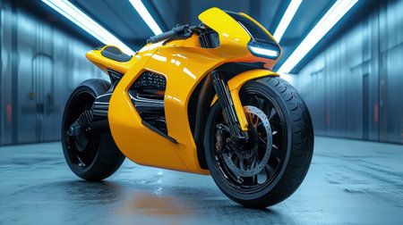 Futuristic Yellow Motorcycle in a Modern Warehouse Environment with Neon Lighting and Sleek Design Elements for Automotive Enthusiasts and Designersの素材