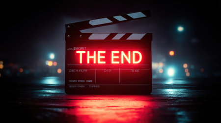 Cinematic Clapperboard with Illuminated Text "THE END" at Night in Urban Setting Depicting Film Conclusion and Creative Industry Theme with Light Effectsの素材