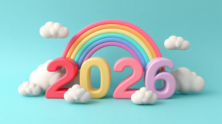 Colorful 2026 Number with Rainbow and Clouds in Bright Blue Background for New Year Celebration or Future Goals Concept Illustrationの素材