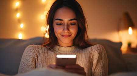 Woman Enjoying Cozy Evening at Home While Using Smartphone Surrounded by Soft Lights and Relaxing Atmosphere in Warm Tonesの素材