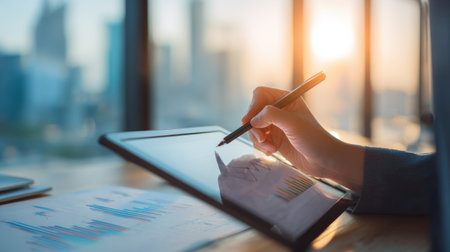 Business professional analyzing financial data on digital tablet in modern office with cityscape view during sunset, showcasing technology and productivityの素材