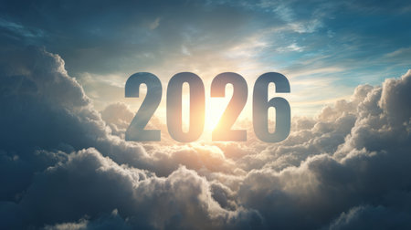 Bright Future Ahead: Inspirational 2026 Text Surrounded by Beautiful Clouds with Soft Sunlight Breaking Through the Skyの素材