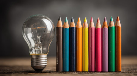 Light Bulb Next to Colorful Pencils on Wooden Table Illustrating Creativity, Innovation, and Education Concept in a Modern Classroom Settingの素材