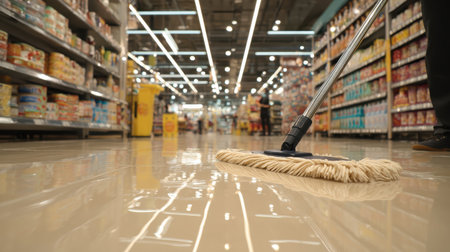 Cleaning Process in Modern Supermarket with a Shiny Floor Reflection and Grocery Aisles Filled with Products and Bright Lighting for a Fresh Lookの素材