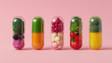 Colorful capsules filled with fresh vegetables and fruits on a pink background, showcasing the concept of healthy eating and nutrition enhancement.の素材