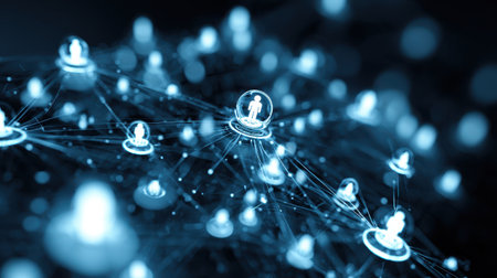 Abstract digital network with glowing human icons connected by lines creating a web of relationships depicting social interaction and online connectivityの素材