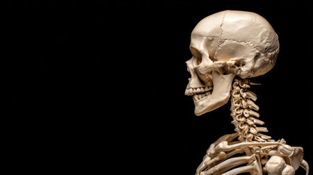 Anatomical Model of Human Skull and Spine Displayed in Profile View Against a Dark Background for Educational and Scientific Purposesの素材