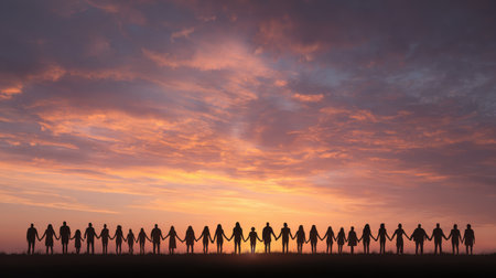 Group of People Holding Hands Silhouette Against a Beautiful Sunset Sky with Clouds, Unity, Togetherness, Friendship, and Connectionの素材