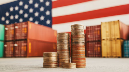 Stacks of Coins in Front of Colorful Shipping Containers and American Flag Representing Trade, Economy, and Investment in the United Statesの素材