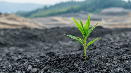 Green Plant Growing in Dry Soil Against a Blurry Background of Hills, Symbolizing Resilience and Hope Amidst Adversity in Nature's Landscapeの素材