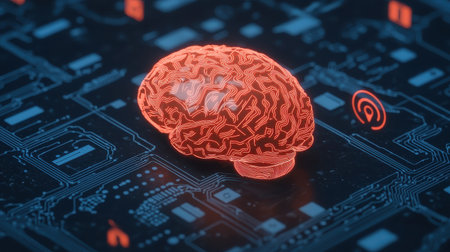Futuristic digital brain glowing on circuit board background representing artificial intelligence, technology, and neural networks in modern societyの素材