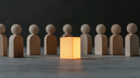 Wooden figures surround a glowing cube symbolizing uniqueness, individuality, and creativity in a darkened atmosphere, highlighting contrast and focusの素材