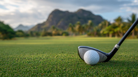 Close-Up of Golf Club Prepared to Strike White Golf Ball on Lush Green Fairway with Scenic Mountain Background in Golden Hour Lightの素材