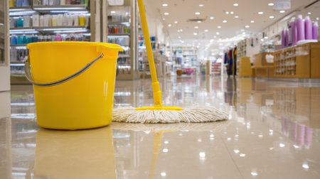 Bright and Clean Store Interior with Yellow Mop and Bucket on Polished Floor in Retail Environment for Cleaning and Maintenanceの素材