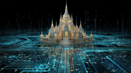 Futuristic Castle Surrounded by Digital Circuitry in a Dark Environment with Glowing Elements and Sparkling Lightsの素材