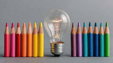 Colorful Crayons and Light Bulb Symbolizing Creativity and Innovation in Education and Artistic Expressionの素材