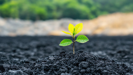 Young Green Plant Emerging from Dark Soil on a Bright Background of Nature, Symbolizing Growth, Hope, and Sustainability in a Changing Environmentの素材