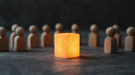 Illuminated wooden cube surrounded by a circle of wooden figures, representing community, light, guidance, and individuality in a dark settingの素材