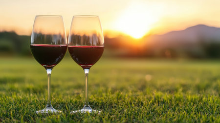 Romantic Sunset with Two Glasses of Red Wine on Green Grass in a Scenic Outdoor Setting, Perfect for Celebrations or Relaxation Momentsの素材