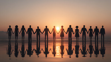 Group of Diverse Silhouette Figures Holding Hands at Sunset Over Water, Symbolizing Unity, Friendship, and Connection in a Serene Landscapeの素材