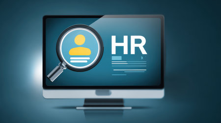 Creative HR Management Concept with Monitor, Magnifying Glass, and Profile Icon for Recruitment and Human Resources Illustrationの素材