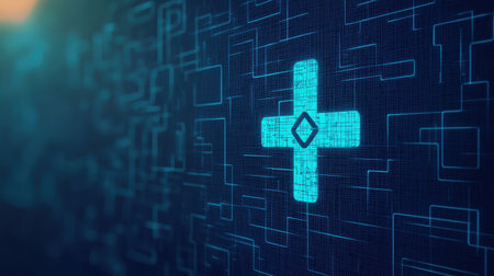 A glowing blue plus sign on a digital background of interconnected lines and shapes, symbolizing technology and connectivity.の素材