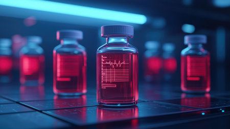 A series of glowing red vials sit on a dark surface, illuminated by blue lighting, suggesting a high-tech or pharmaceutical environment.の素材