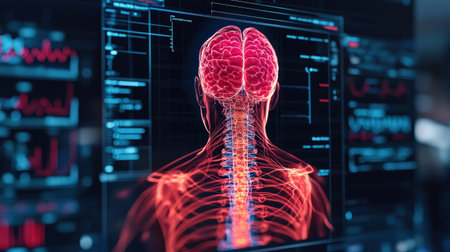 A digital illustration displaying a human spine and brain, highlighting neural pathways and anatomical details with a high-tech background.の素材
