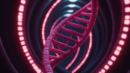 A vibrant, digital representation of a DNA double helix surrounded by glowing lights, creating a futuristic and dynamic atmosphere.の素材