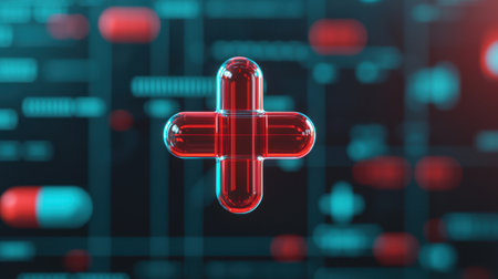 A glowing red medical cross surrounded by digital elements, symbolizing health, technology, and the pharmaceutical industry.の素材
