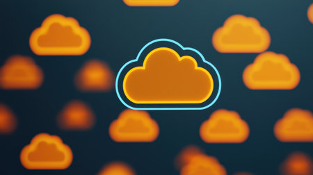 A stylized illustration of orange clouds on a dark background, symbolizing cloud computing and digital storage.の素材