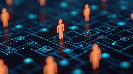 A digital network featuring glowing figures representing users within a grid, symbolizing connectivity and technology.の素材
